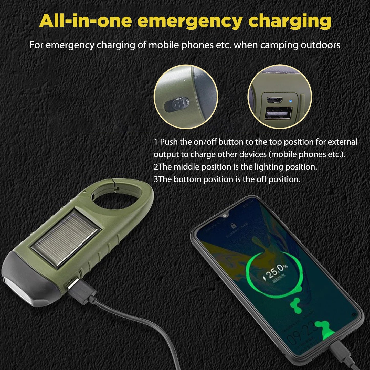 LED Solar Powered Flashlight with USB Charging Port